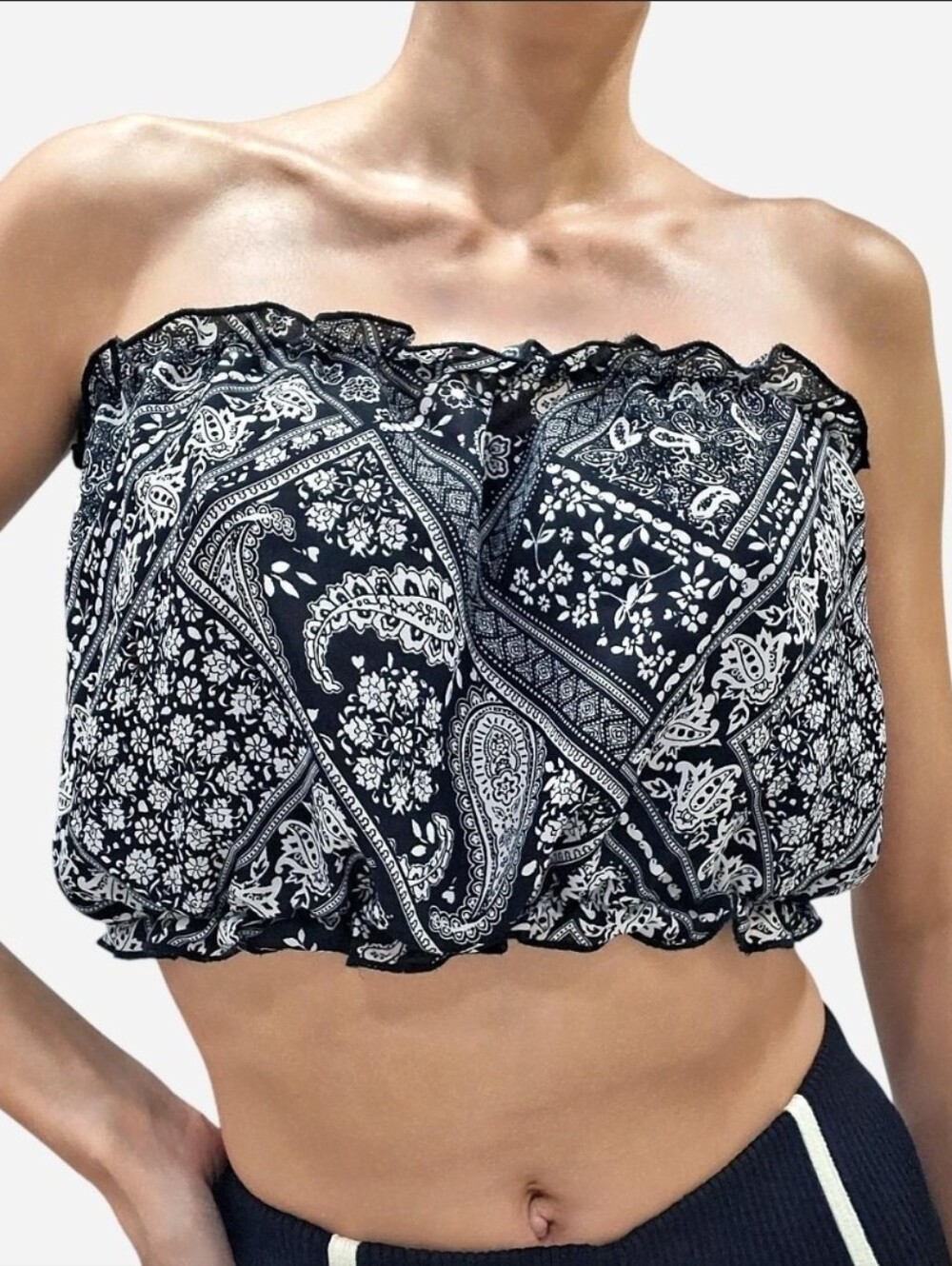 One by One white/black paisley print tube crop top small or medium stretchy swim
